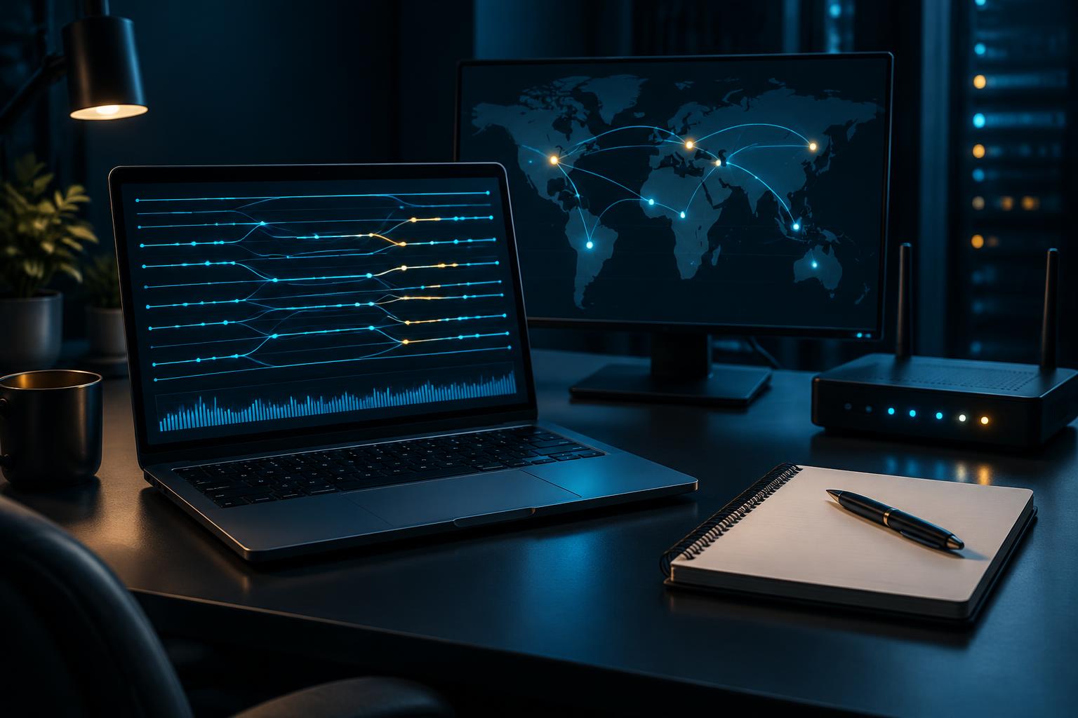 Analyst workstation with abstract traffic traces and evidence notebook