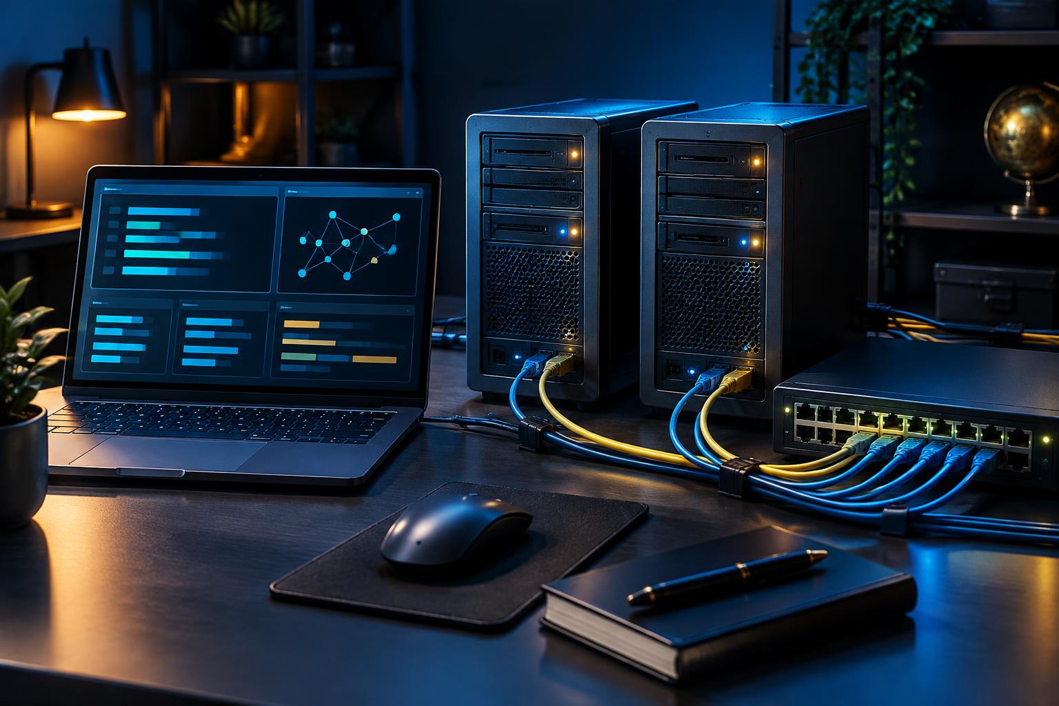 An isolated learning lab with computers, servers and a network switch